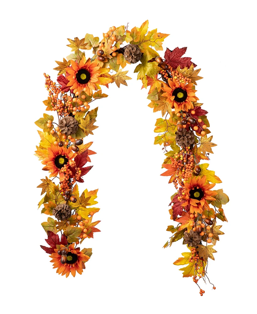 Glitzhome 6ft Fall Sunflower, Maple Leaf and Berry Garland