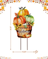 Glitzhome 30.25"H Fall Metal Pumpkins with Barrel Yard Stake