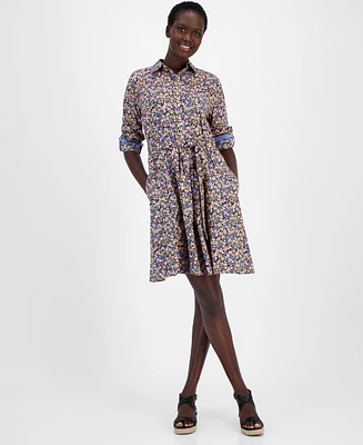 Nautica Jeans Women's Cotton Floral Roll-Tab Shirtdress