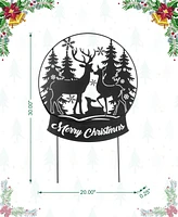 Glitzhome 30"H Christmas Metal Silhouette Waterglobe with Reindeer Family Yard Stake or Wall Decor