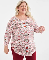 Jm Collection Plus Printed 3/4-Sleeve Top, Created for Macy's