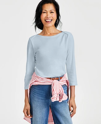 Style & Co Women's Pima Cotton 3/4-Sleeve Boat-Neck Top, Regular Petite, Created for Macy's