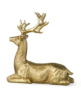 Glitzhome 11''H Resin Christmas Lying Reindeer Table Decor