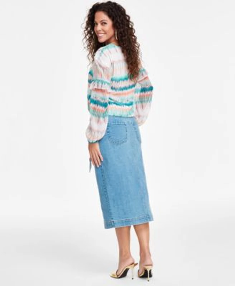 I.N.C. International Concepts Womens Printed Lace Up Blouse Denim Skirt Created For Macys