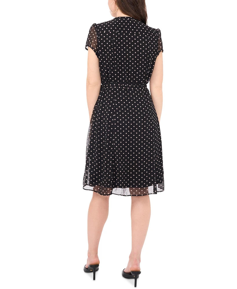 Msk Petite Dot-Print Split-Neck Short-Sleeve Dress