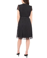 Msk Petite Dot-Print Split-Neck Short-Sleeve Dress