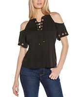 Belldini Women's Cold-Shoulder Grommet Trim Knit Top