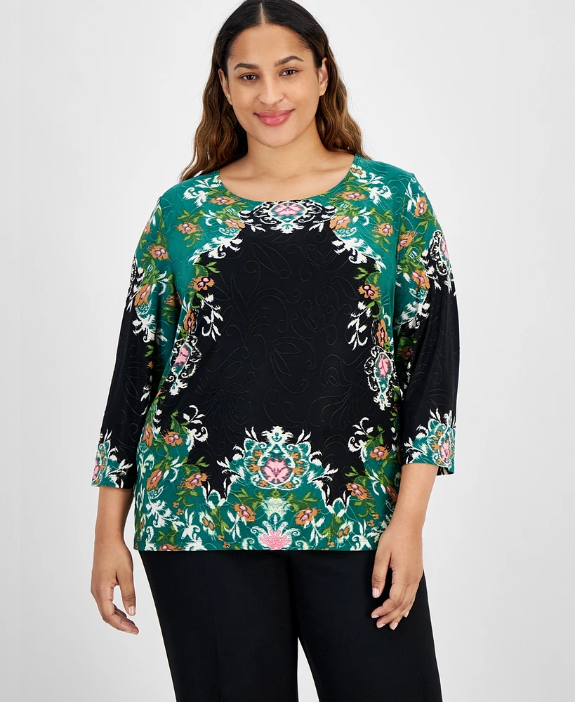 Jm Collection Plus 3/4-Sleeve Blooming Jacquard Top, Created for Macy's