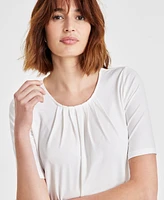 Kasper Petite Pleated-Neck Elbow-Sleeve Top