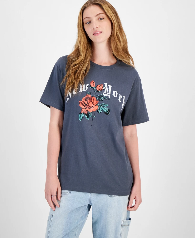 Rebellious One Juniors' New York Rose Graphic T-Shirt