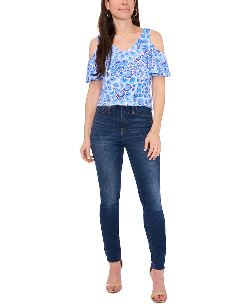 Sam & Jess Petite Printed Cold-Shoulder Flutter-Sleeve Top