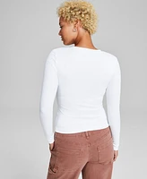 And Now This Women's Ribbed Henley-Neck Long-Sleeve Top, Created for Macy's