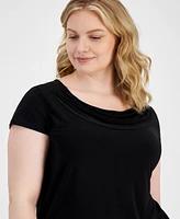 Kasper Plus Stretch Knit Short-Sleeve Cowl-Neck Top