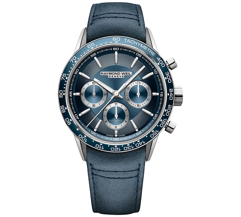 Raymond Weil Men's Swiss Automatic Chronograph Freelancer Blue Leather Strap Watch 44mm