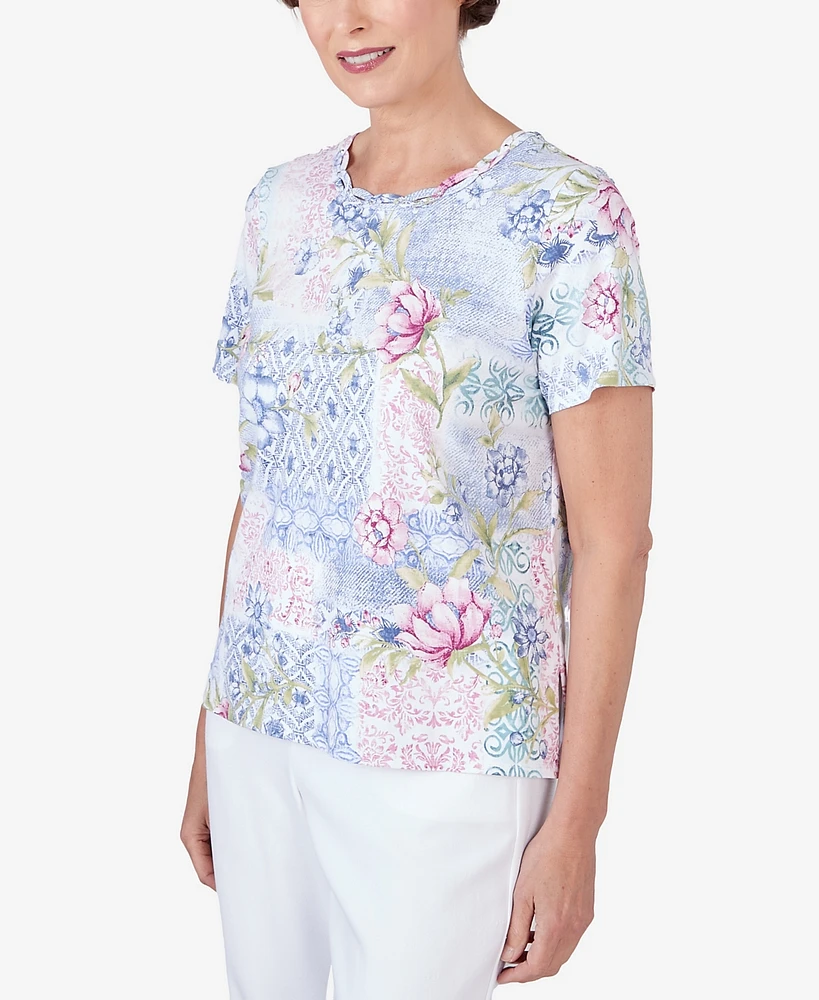 Alfred Dunner Women's Patchwork Floral Braided Neck Tee