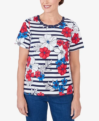 Alfred Dunner Women's Floral Stripe Braided Neck Tee