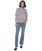 Karl Lagerfeld Paris Women's Printed Bungee-Sleeve Button-Down Top