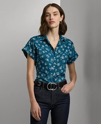 Lauren Ralph Women's Linen Cuffed Floral Shirt