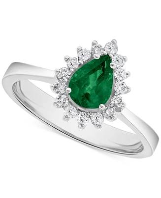 Emerald (5/8 ct. t.w.) & Diamond (1/5 Pear Halo Ring 14k White Gold (Also Ruby Sapphire)