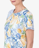 Alfred Dunner Petite Lemons Pleated Neck Short Sleeve Top