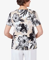 Alfred Dunner Petite Pleated Neck Bold Floral Short Sleeve Tee