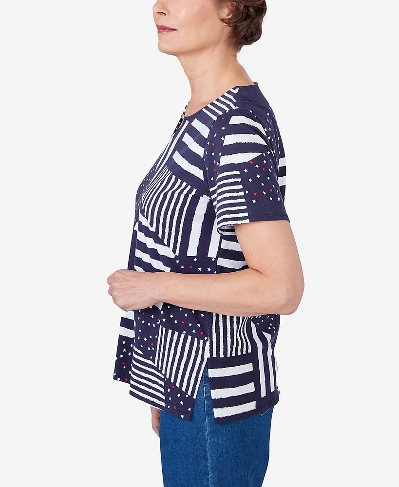 Alfred Dunner Petite Stars and Stripes Split Neck Tee