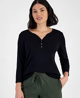 Style & Co Petite Cotton Knit Henley 3/4-Sleeve Top, Created for Macy's