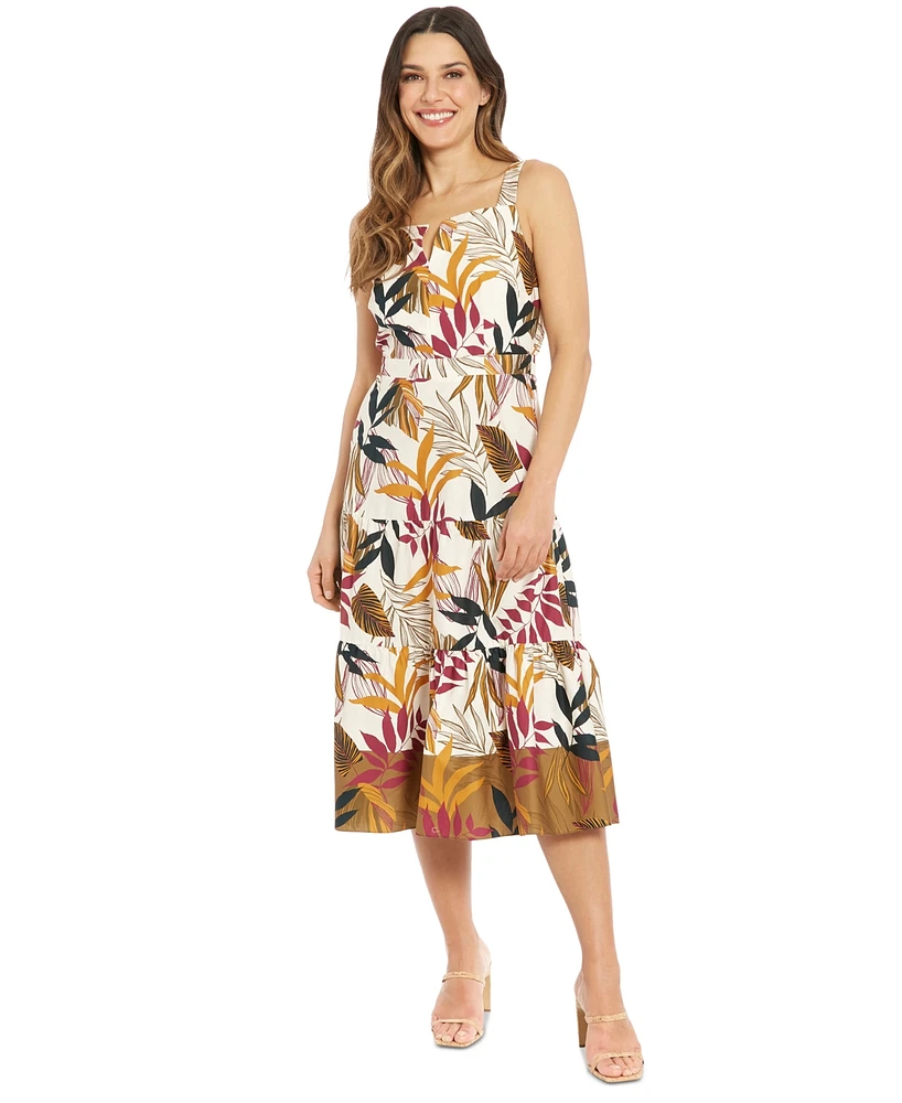 London Times Petite Split Square-Neck Printed Midi Dress