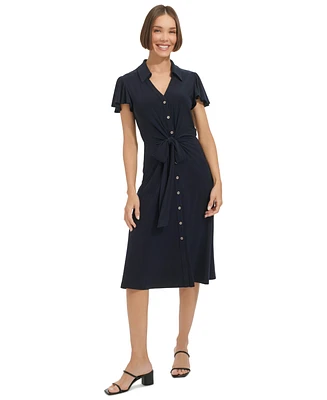 Tommy Hilfiger Women's Button-Front Tie-Waist Flutter-Sleeve Dress