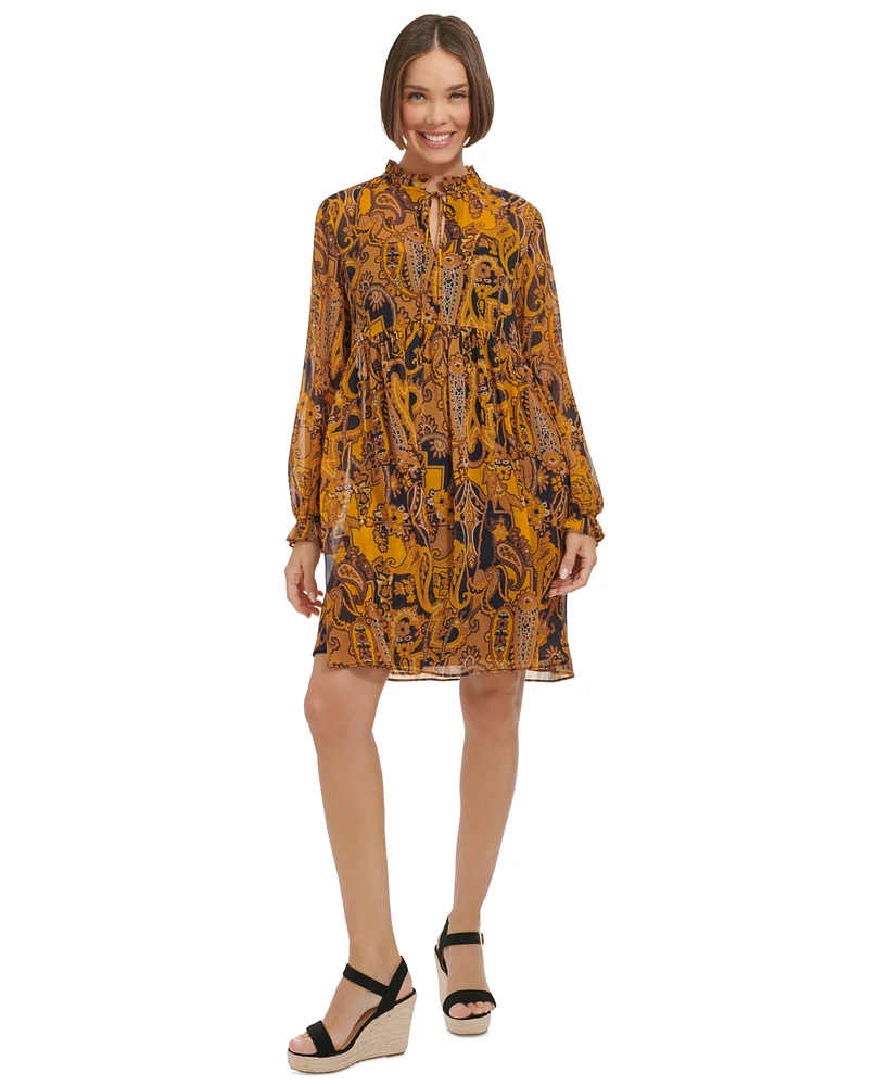 Tommy Hilfiger Women's Printed Tie-Neck Long-Sleeve Chiffon Dress