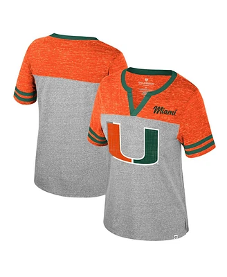 Colosseum Women's Heather Gray Miami Hurricanes Kate Color block Notch Neck T-Shirt