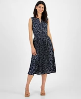 T Tahari Women's Split-Neck Smocked-Waist Pleated-Skirt Dress