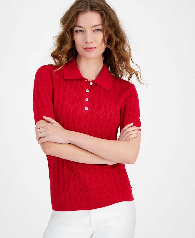 Tommy Hilfiger Women's Ribbed Short-Sleeve Polo Sweater