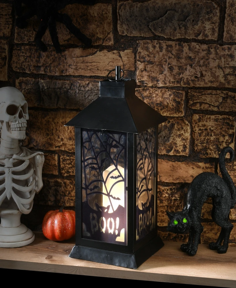 National Tree Company 16" Halloween Lantern with Led Lights, Carved Images of Bats and Cobwebs, Halloween Collection