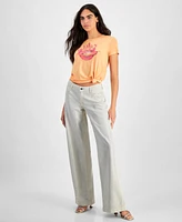 Guess Women's Embellished Mid Rise Wide Leg Jeans