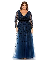 Mac Duggal Plus Floral Applique Long Sleeve A Line Gown