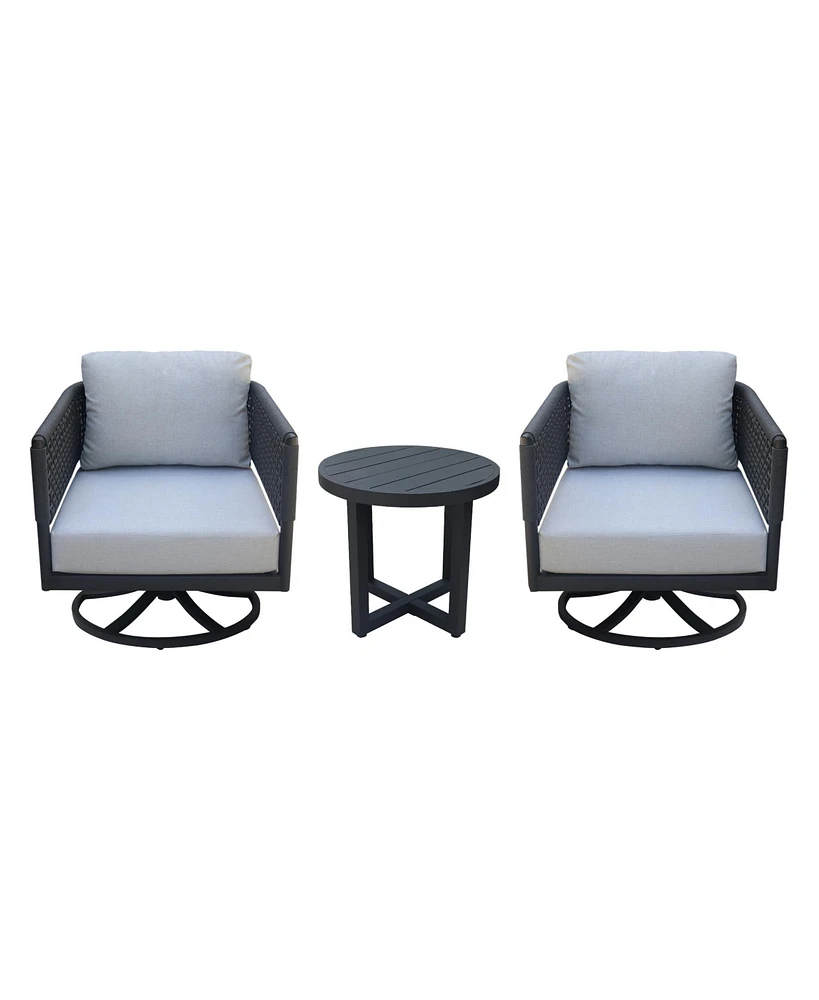 International Concepts Outdoor 3 Piece Woven Abaca Rope Patio Furniture Set with an End Table and 2 Swivel Chairs