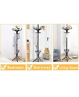 Wood Standing Hat Coat Rack with Umbrella Stand