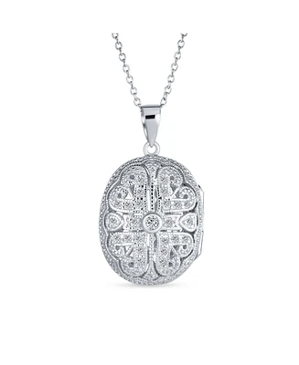 Bling Jewelry Antique Style Hallow Oval Essential Oil Diffuser Love Heart and Clover Flower Locket Necklace Sterling Silver For Women