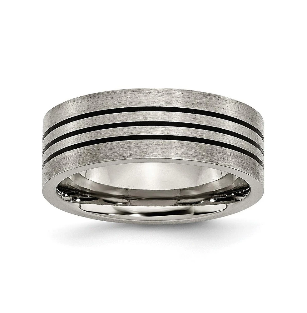 Chisel Titanium Satin Black Enamel Striped Flat Wedding Band Ring