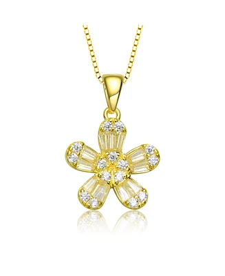 GiGiGirl Sterling Silver with Gold Plated Clear Baguette Cubic Zirconia Flower Style Pendant Necklace