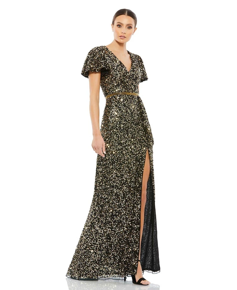 Mac Duggal Women's Sequined Wrap Over Butterfly Sleeve Draped Gown