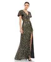 Mac Duggal Women's Sequined Wrap Over Butterfly Sleeve Draped Gown