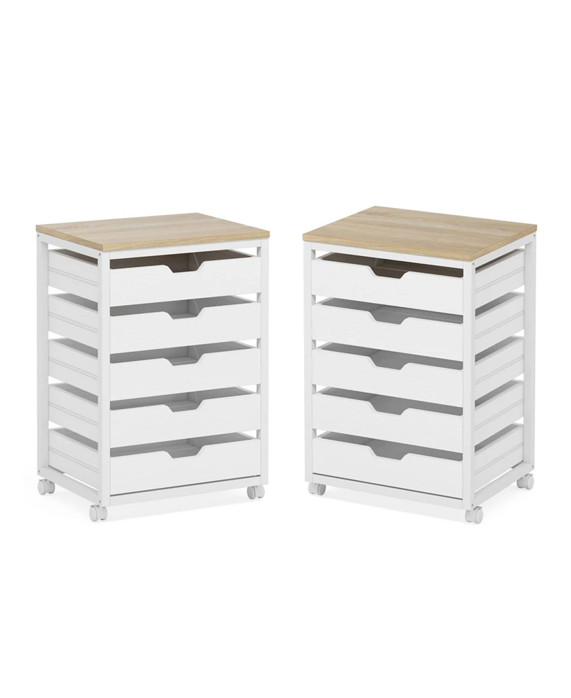 Tribesigns 5 Drawer Chest, Wood Storage Dresser Cabinet with Wheels, Industrial Storage Drawer Organizer Cart for Office Bedroom Entryway (White, 2 Pc