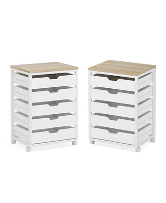 Tribesigns 5 Drawer Chest, Wood Storage Dresser Cabinet with Wheels, Industrial Storage Drawer Organizer Cart for Office Bedroom Entryway (White, 2 Pc