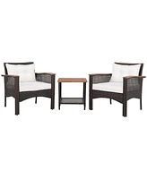 Gymax 3PCS Patio Conversation Furniture Set Pe Rattan Sofa Set W/Wood Top Table