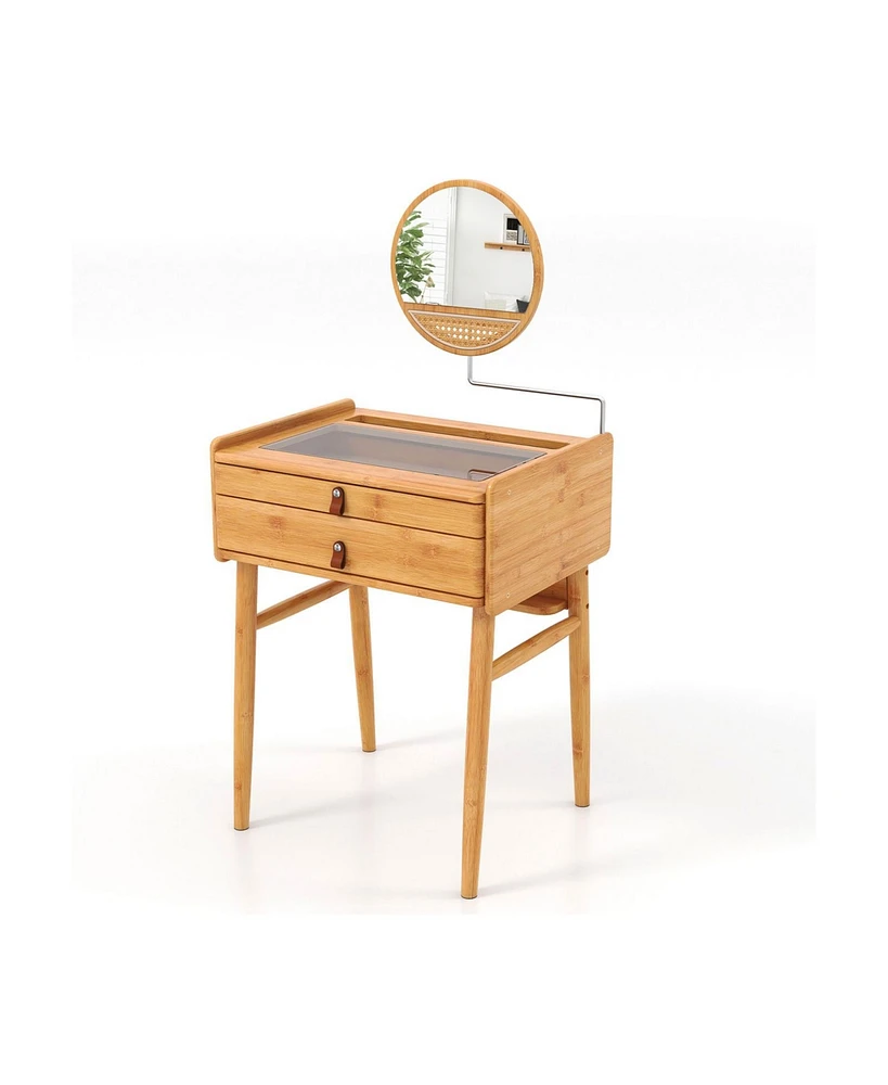 Sugift Bamboo Makeup Vanity Table with Mirror with 2 Storage Drawers