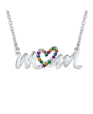Bling Jewelry Name Style Station Pendant Crystal Heart Rainbow Mom Word Necklace For Mother For Women .925 Sterling Silver