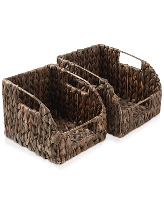 Casafield (Set of 2) Water Hyacinth Pantry Baskets with Handles - Natural, Medium and Large Size Woven Storage Baskets for Kitchen Shelves