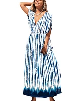 Cupshe Women's Blue Dip Tie Dye Dolman Sleeve Maxi Beach Dress